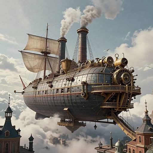 Steampunk airship with large sails, two smokestacks, and intricate golden machinery, soaring above a cloudy sky with historical buildings below. Digital