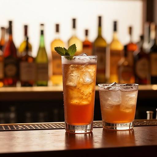 Photograph of two drinks on a bar: a tall glass with ice, orange liquid, and mint, and a shorter glass with ice, both in