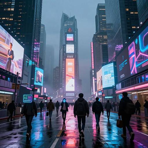 Photograph of a rainy, neon-lit city street at dusk, with silhouetted pedestrians walking past towering skyscrapers displaying vibrant, colorful