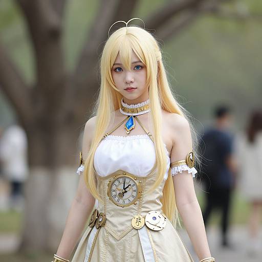 Photograph of a young Asian woman with long blonde hair, wearing a detailed white and gold cosplay dress with clock motifs, standing outdoors in a park.