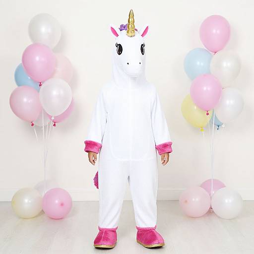 Photograph of a person in a white unicorn costume with pink trim, gold horn, and pink shoes, standing amidst pastel balloons.