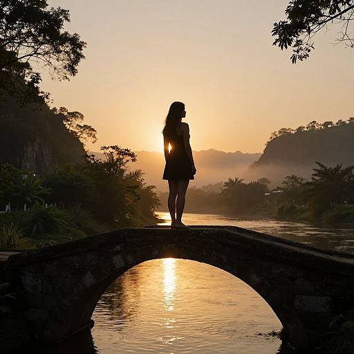 Silhouetted woman with long hair stands on arched bridge at sunset, reflecting golden light on calm river, surrounded by misty trees. Phot