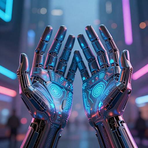 Photograph of two futuristic, glowing blue robotic hands with intricate circuitry patterns, raised palms-up in a neon-lit urban environment.
