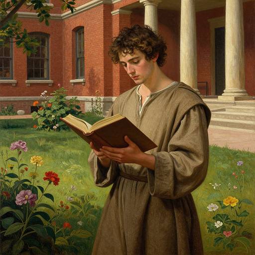 Young Man Reading in Lush Courtyard