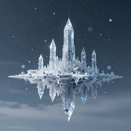 Digital artwork of a crystalline ice castle with tall, translucent spires reflecting on a calm, starry, blue-toned water surface.
