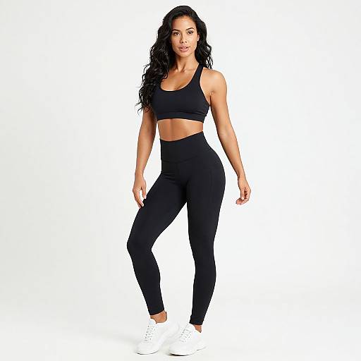 Photograph of a fit, dark-haired woman in black sports bra and high-waisted leggings, standing against a white background, wearing white sneakers.
