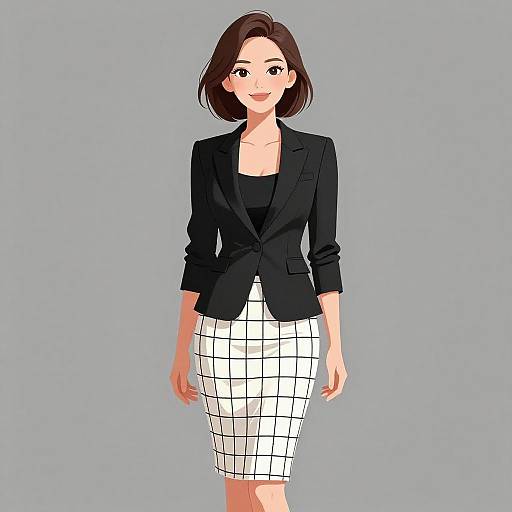 Chic Woman in Black Blazer and Checked Skirt