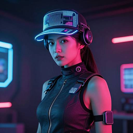 Neon-lit photograph of an Asian woman with long black hair, wearing a futuristic black sleeveless top, cybernetic headset, and illuminated cap
