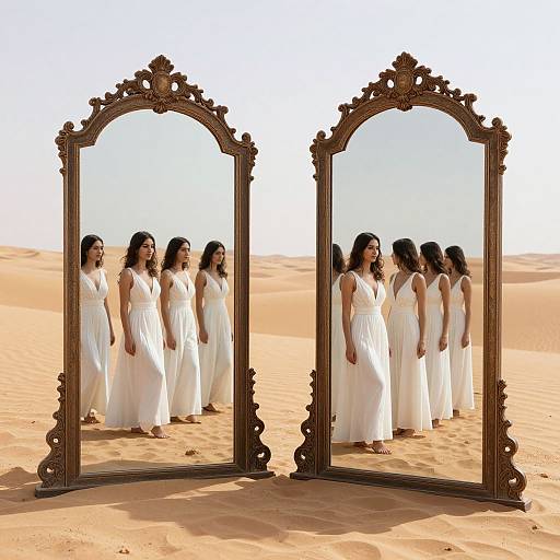 Photograph of six women in white dresses standing in a desert, reflected in two ornate, antique-style mirrors on sandy dunes.