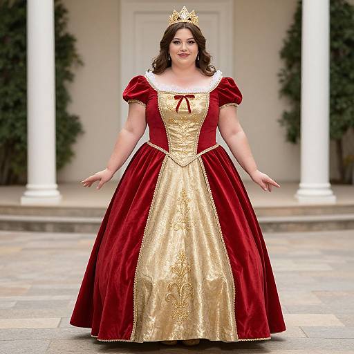 Photograph of a fair-skinned woman with brown hair, wearing a gold crown, red and gold velvet princess dress, standing outdoors on stone pavement with