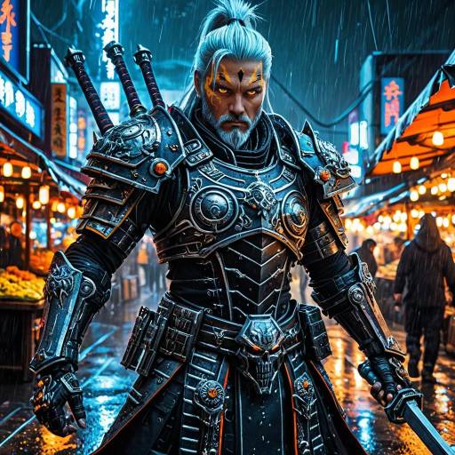 Silver-haired Ronin in Cyber-Japan Armor at Neon Night Market