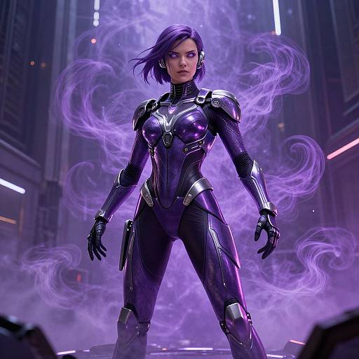 CGI image of a purple-haired, muscular woman in a shiny black and purple armored suit, standing in a futuristic city with purple smoke swirling around her