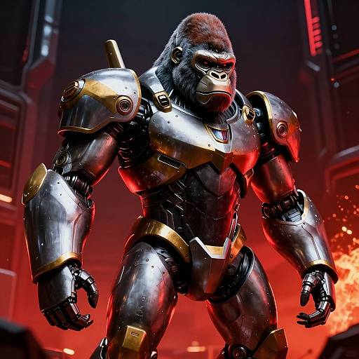 CGI image of a muscular, metallic gorilla warrior with gold accents, standing powerfully in a fiery, futuristic red-lit background.