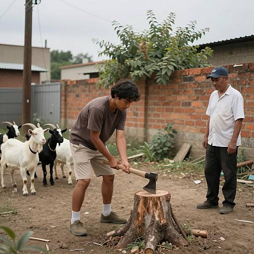 Young man chopping wood in urban backyard