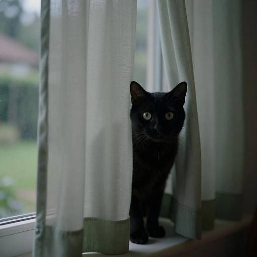 Mischievous Black Cat in Curtain Cocoon