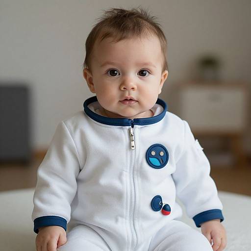 Photograph of a cute baby with light skin and brown hair, wearing a white onesie with blue trim and buttons, sitting indoors on a white surface