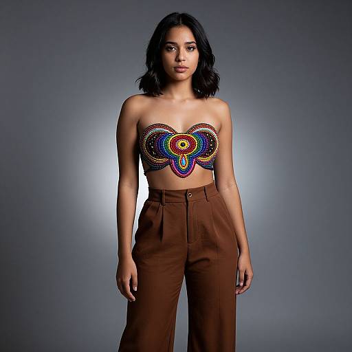 Photograph of a young woman with medium brown skin and black shoulder-length hair, wearing a colorful, beaded strapless top and high-waisted