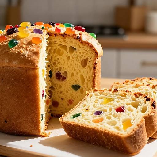 Photograph of a golden-yellow, honeycomb-textured bread loaf with colorful M&M pieces, partially sliced, on a sunlit wooden surface.