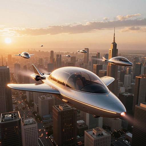 Retrofuturistic Flying Cars at Sunset