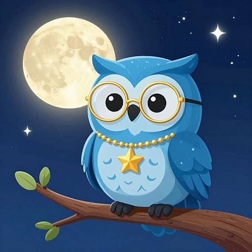 Cartoon blue owl with large round glasses, yellow star necklace, perched on branch, against full moonlit night sky. Digital illustration.