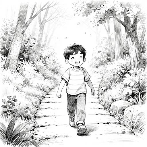 Black-and-white manga-style drawing of a happy young boy with short black hair, wearing a T-shirt and pants, walking down a forest path surrounded by
