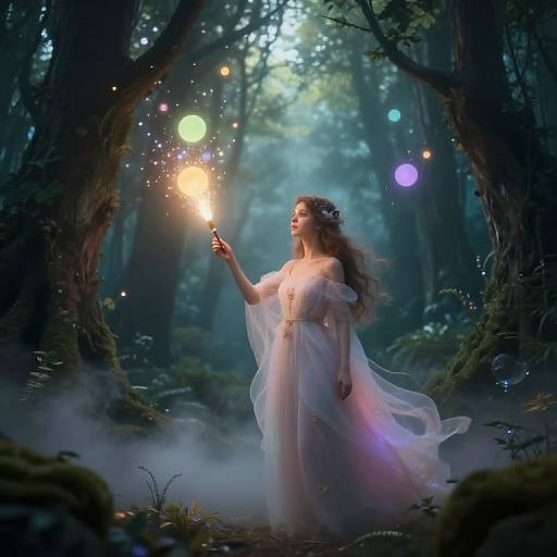 Photograph-like digital artwork of a fairytale forest. A long-haired woman in a flowing pink gown holds a glowing wand, surrounded by colorful lights