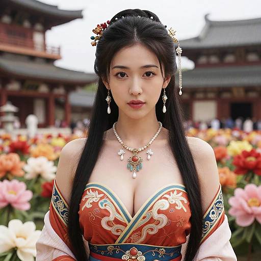 East Asian Woman in Traditional Dress with Flower Background