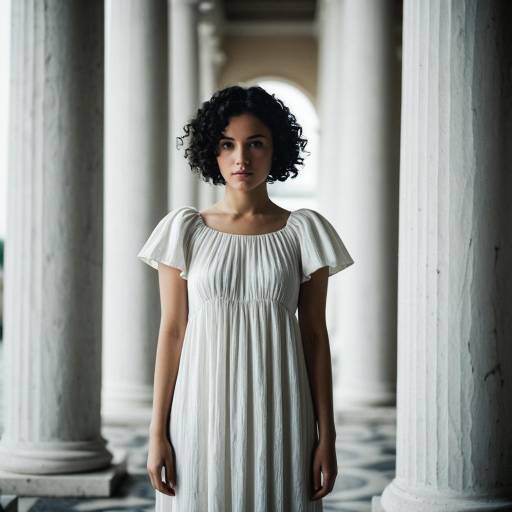 Woman in White Dress Among Roman Columns