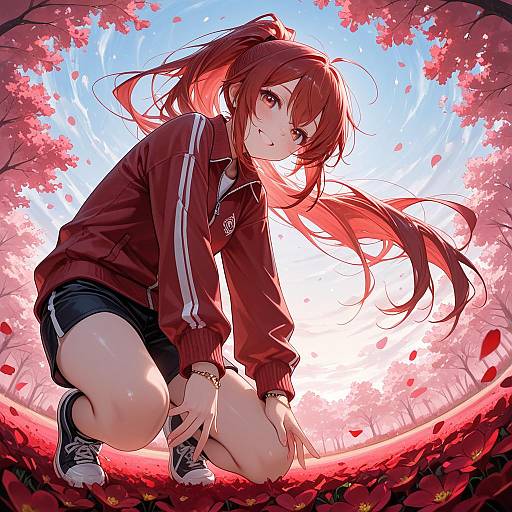 Girl Jumping in Red Flower Field