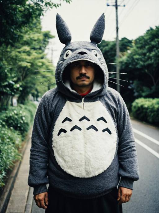 Man Wearing Totoro Costume Hoodie Outdoors