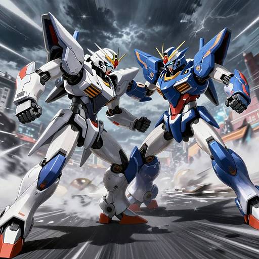 Dynamic digital art of two battling mecha robots; one white with red accents, the other blue with yellow and red. Stormy sky, cityscape