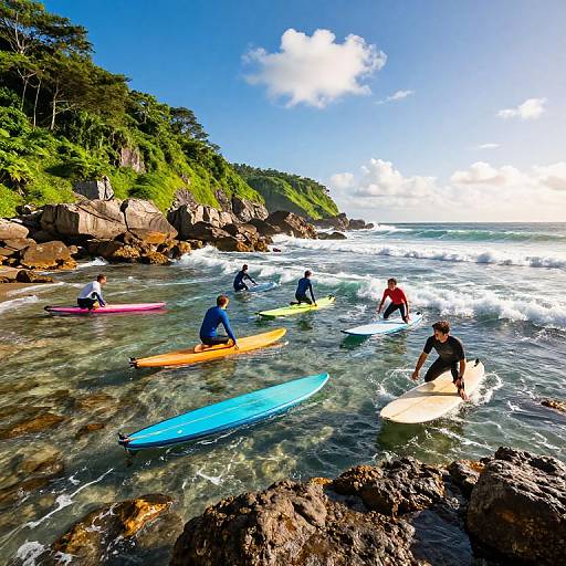 Surfers Practicing Near Rocky Coastline
