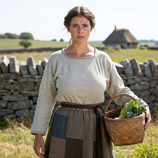 Photograph of a serious young woman with fair skin and dark hair, wearing a white blouse and checkered skirt, holding a wicker basket with greens