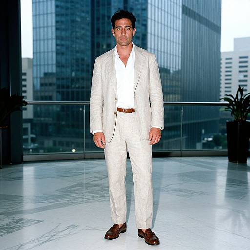 Photograph of a handsome man with short dark hair, wearing a white pinstriped suit, white shirt, brown belt, and brown shoes,