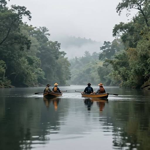 Photograph of three people in wooden canoes paddling down a calm, misty river flanked by dense, green forest. Wearing hats and