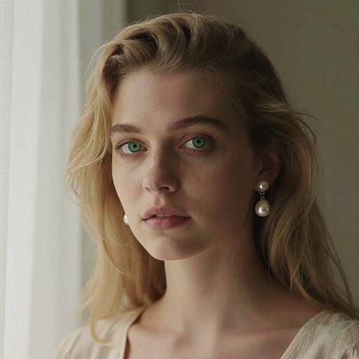 Photograph of a young woman with green eyes, blonde hair, and pearl earrings, looking serious against a softly lit background.