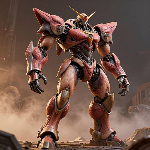 Digital CGI of a red and black, heavily armored, humanoid robot with sharp angles and glowing yellow eyes, standing on a dusty battlefield.