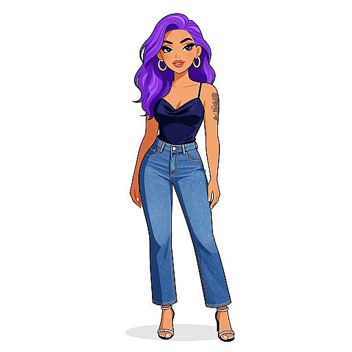 Digital illustration of a confident woman with vibrant purple hair, wearing a black spaghetti strap top, blue high-waisted jeans, and silver high heels,