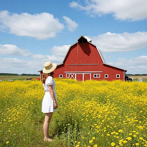 Photograph of a young woman in a white dress and straw hat standing in a vibrant yellow wildflower field, facing a red barn under a bright blue