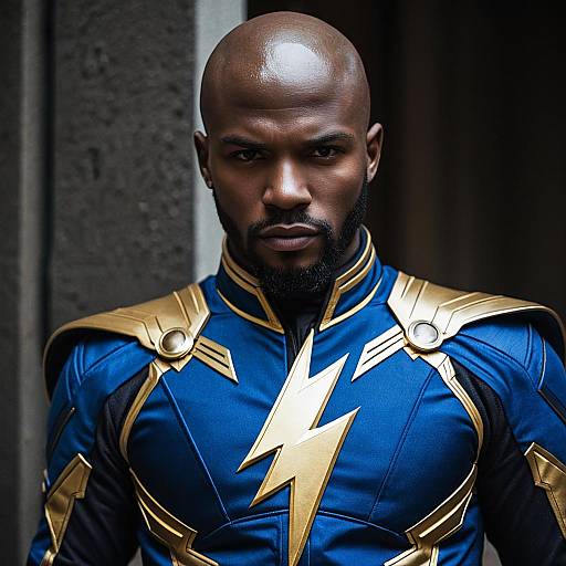 Photograph of a muscular, bald Black man with a beard, wearing a blue superhero costume with gold accents and a lightning bolt design, standing against a