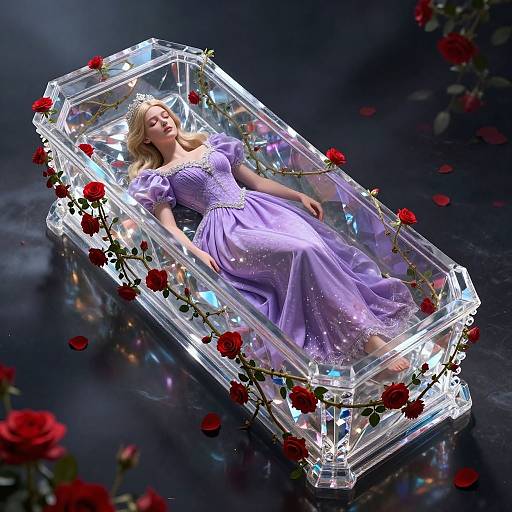 Photograph of a lifeless, blonde princess in a lavender gown, lying in a crystal coffin adorned with red roses, against a dark, reflective background
