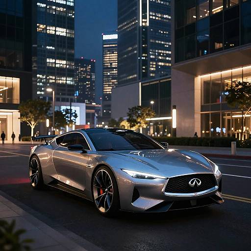 Photograph of a sleek, silver Audi R8 sports car with glowing headlights, parked on a city street at night, surrounded by illuminated skyscrapers