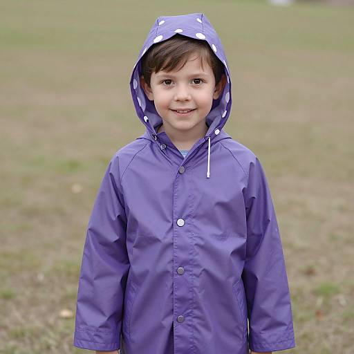 Photograph of a young boy with fair skin and brown hair, wearing a blue hooded raincoat with white polka dots, standing in a grass