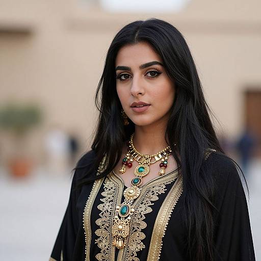 Photograph of a beautiful Middle Eastern woman with long black hair, wearing an ornate gold and green necklace, black embroidered robe, standing in a blurred