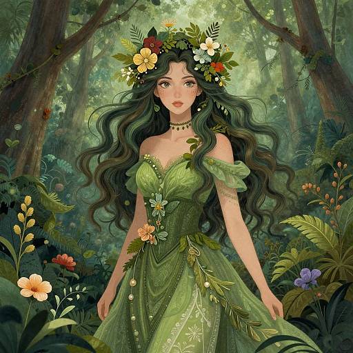 Digital fantasy art of a fair-skinned, green-eyed woman with long, wavy black hair, wearing a green floral dress and crown, standing in