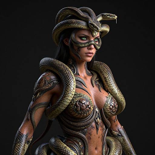CGI image of a topless woman with green eyes, snake-like armor, and coiled serpents on her head and body, against a