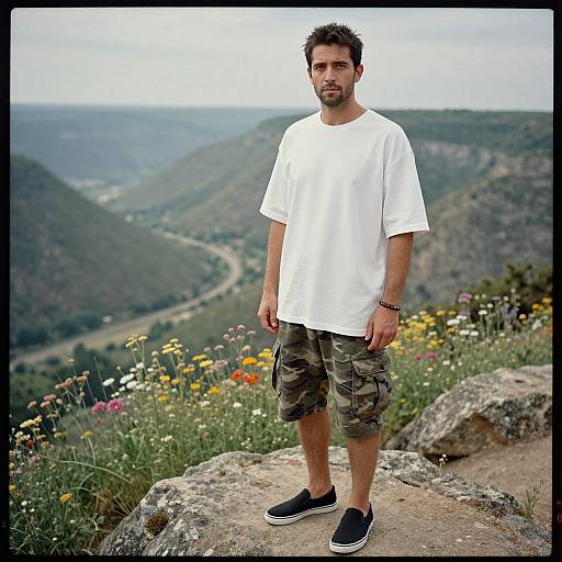 Photograph of a bearded man with short dark hair, wearing a white t-shirt, camouflage cargo shorts, and black sneakers, standing on a rocky