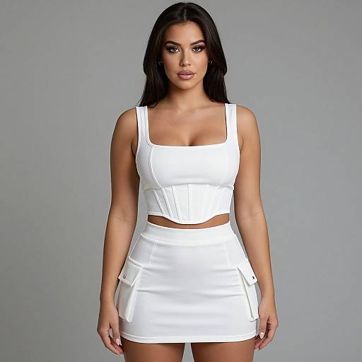Photograph of a woman with long black hair, wearing a white crop top and high-waisted white mini-skirt, standing against a plain gray