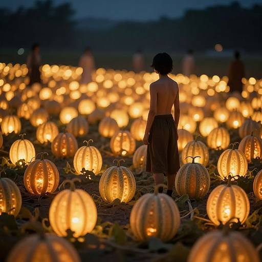Photograph of a topless person with short hair, wearing a skirt, standing in a twilight pumpkin field illuminated by glowing jack-o'-lanterns