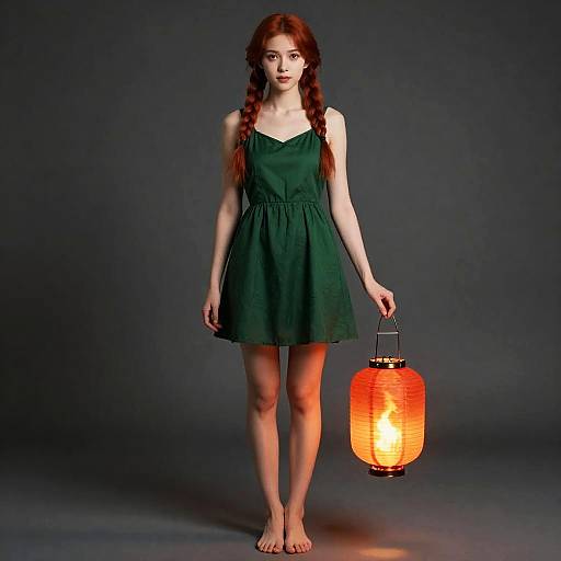 Red Haired Lantern Maiden in Green Dress